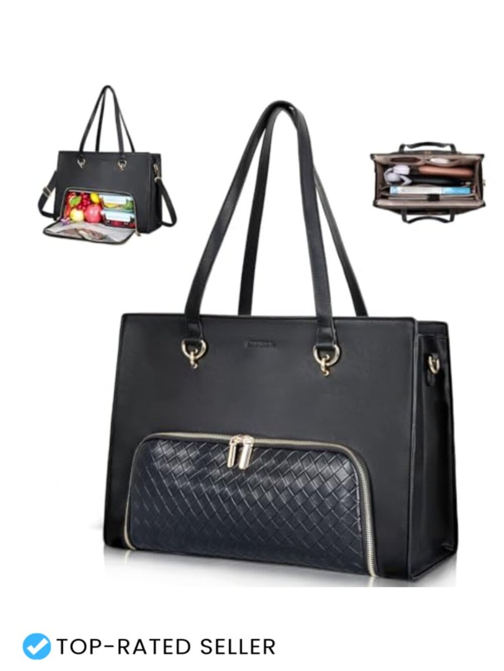 Women Laptop Tote Bag with Insulated Lunch Compartment, 17-17.3 Inch PU Leather